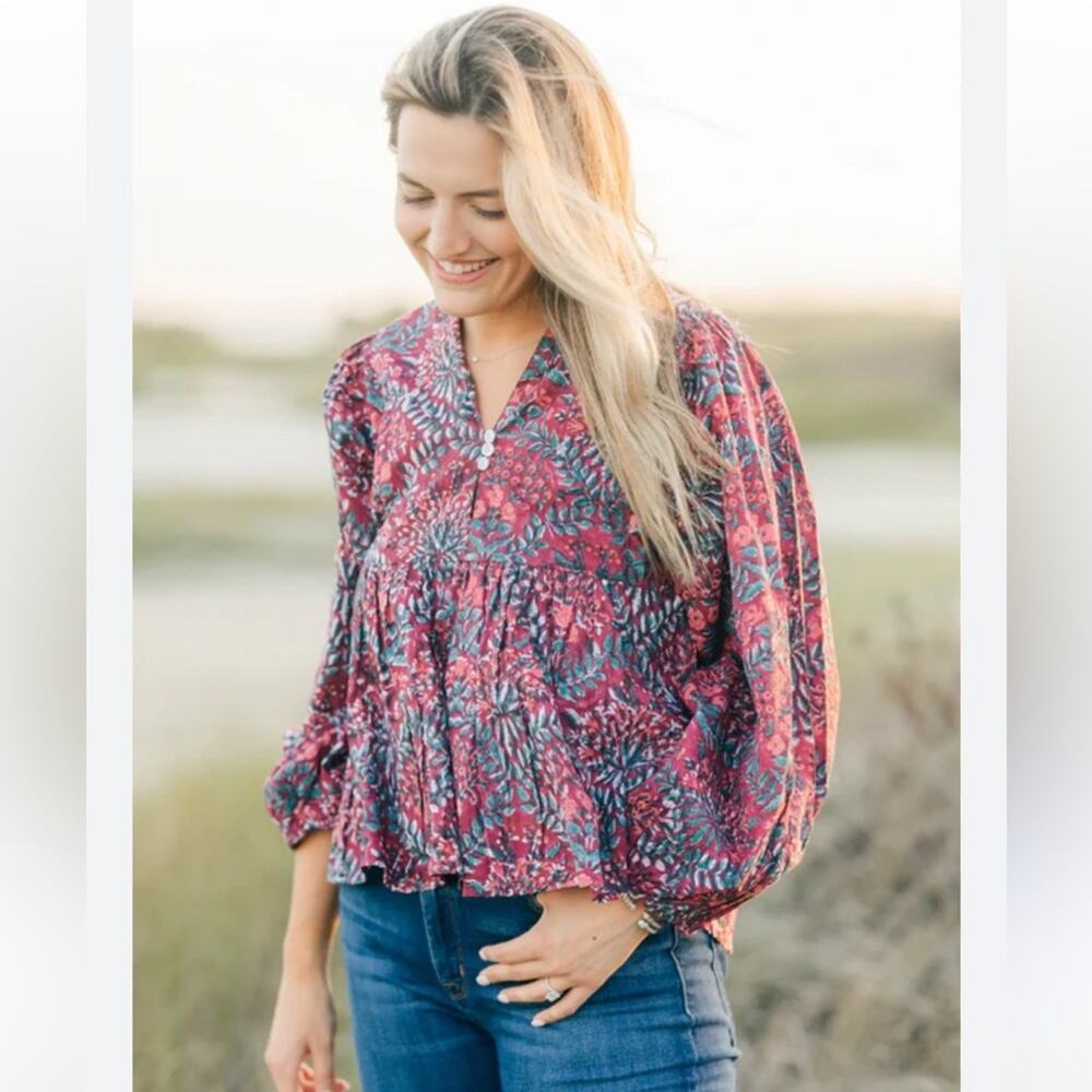 Victoria Dunn Balloon Sleeve Babydoll Boho Brownwen Blouse in Lava Falls XS